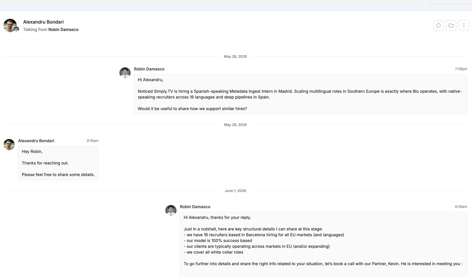Real conversation our AI started with a prospect, example 12