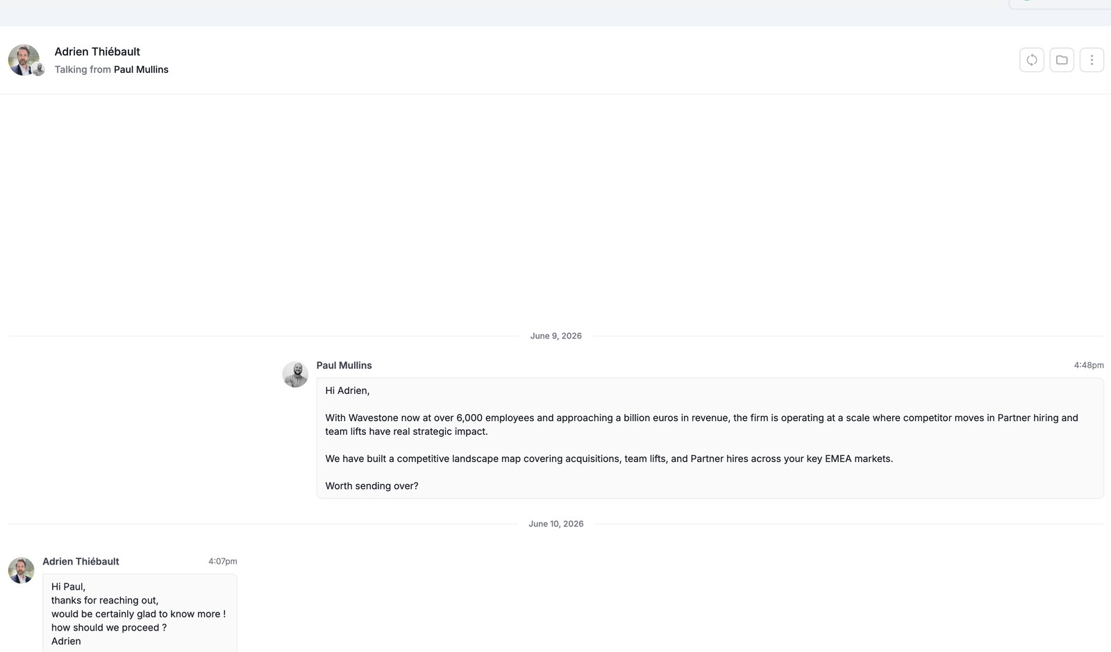 Real conversation our AI started with a prospect, example 14