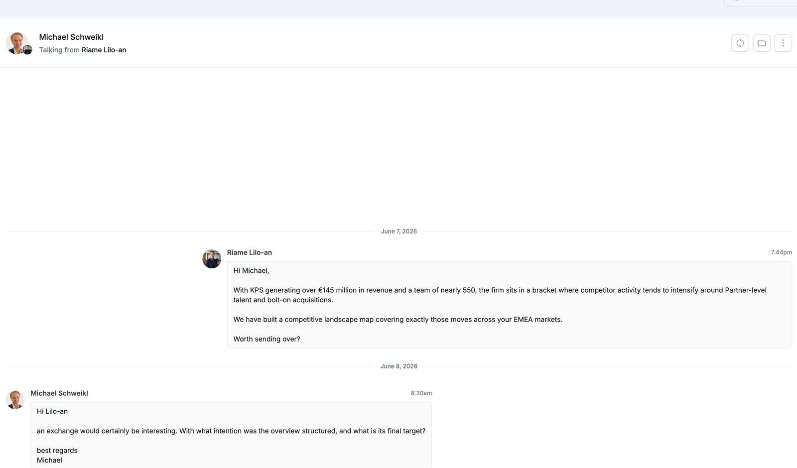 Real conversation our AI started with a prospect, example 16